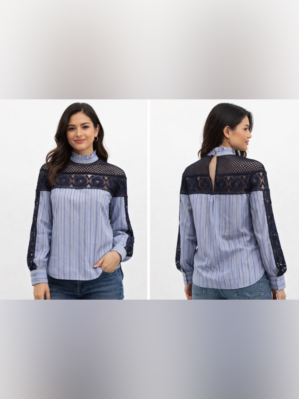 Sandro Lace Poplin Striped Blouse Top‎ Shirt Navy Blue White Business Casual M